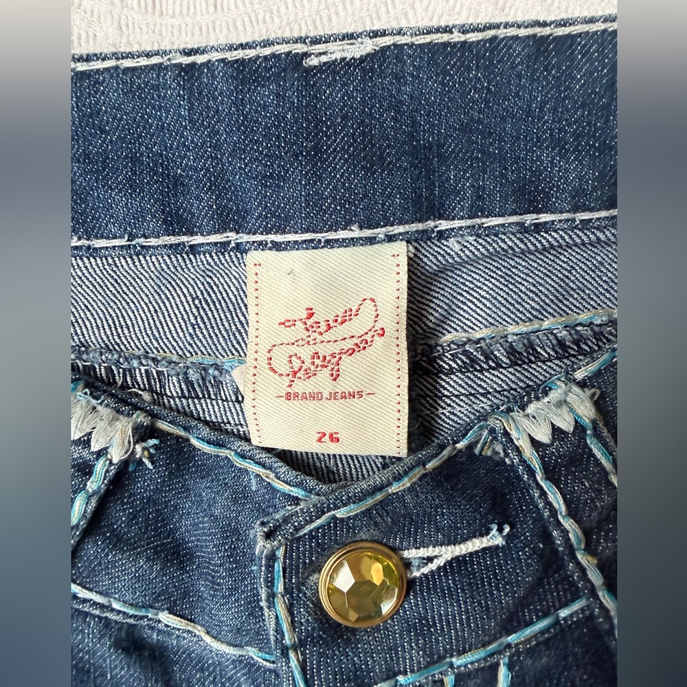 True Religion Joey Super T Low Rise Jeans Rainbow Stitch Denim Jeweled Size 26 - Picture 7 of 13